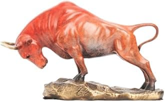 Bronze Bull Sculpture - Pure Copper Charging Bull/Cow/Ox Figure and Statue Handmand Collectable Art Decor - Figurine for Office& Home Decorations and Gift (L:7.9in Orange)