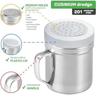 CUSINIUM Metal Salt Pepper Dredge Shakers - With Handle - Seasonings Spice Shakers With Holes and Lids - 10 Ounce, 2pcs | Style: Medium