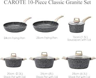 Carote Nonstick Granite Cookware Sets 8 Pcs Stone Cookware Set,non stick frying pan set, pots and pans set (Granite, induction cookware)