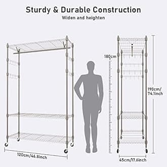 Heavy Duty Clothes Rack, Adjustable Rolling Garment Rack with Shelves, Freestanding Wardrobe Rack 1 Clothes Hanging Bar, 3 tired Wire Shelving, 4 Hanger Hooks - Hold Up to 400Lbs (Gray, 1Rod 4Hook)
