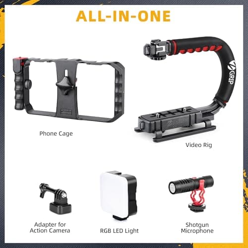 - Smartphone Camera Stabilizer, Portable Handle Grip Handheld Video Rig with RGB Video Light and Microphone, Fits for All Camcorder, Camera, DSLR and All iPhone and Android Smartphones