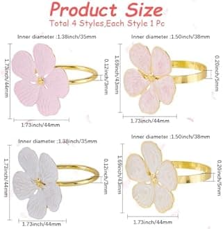GORGECRAFT 4Pcs 4 Styles Flower Napkin Ring Pink White Metal Gold Alloy Enamel Spring Farmhouse Floral Table Decoration Napkins Rings for Easter Wedding Banquet Celebration Party Dinner