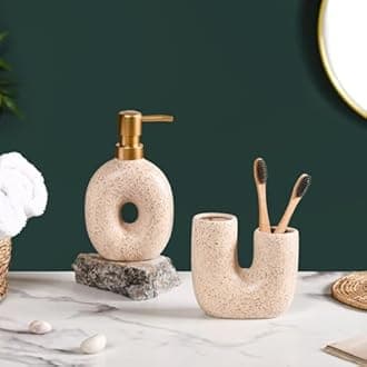 Nestasia Ceramic Bath Set of 2 - Liquid Soap Dispenser & Toothbrush Holder for Bathroom & Wash Basin - Stone Texture Bathroom Accessories - Perfect for Gifting