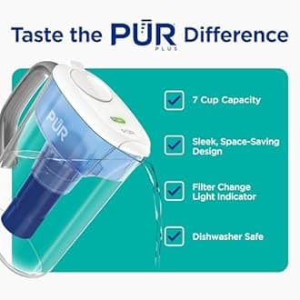 PUR Plus 7-Cup Water Pitcher, 1 Lead-Reducing Filter, Cleaner, Great-tasting Water, Dishwasher Safe, Powerful Filtration, Filter Change Light Indicator, LockFit Cap Design - White