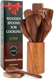 Natural Teak Wood Kitchen Utensil Set - 12 Piece Cooking Spoons & Spatulas with Spoon Holder & Rest, Non-Stick Heat Resistant Wooden Tools, Food-Safe Eco-Friendly Organizer