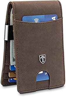 Money Clip Wallet RIO - Mens Wallets slim Front Pocket RFID Blocking Card Holder Minimalist Mini Bifold Gift Box, Vintage Brown, S