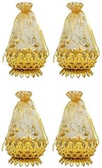 Decorative Net Potli Baskets for Wedding Gift Basket for Packing Shagun Potli Bags for Return Gifts Pack of 1 (Golden, Set of 4Pcs)