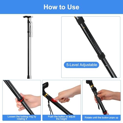 Supregear Folding Cane, 5-Level Adjustable Height Walking Stick, Lightweight Portable Travel Cane with Wrist Strap and T Handle, Black