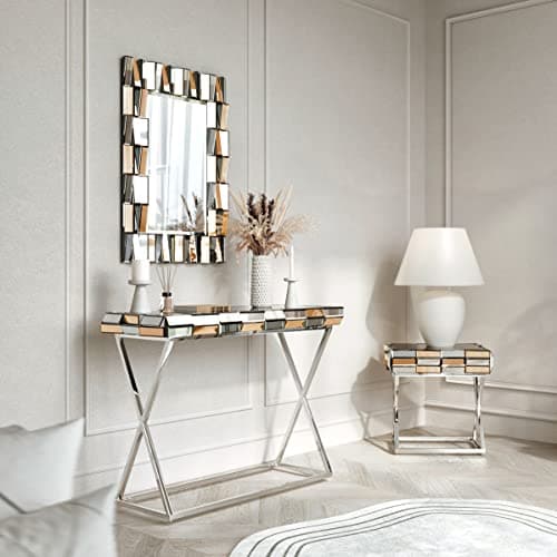 CARME Knightsbridge Collection - Wall Mirror - Mirrored Console Table - Mirrored Side Table With Drawer Combo Glass Furniture (Set 3 Rectangle Mirror + Console & Side Table Gold)