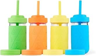 Kids + Toddler Glass Cups | The Original 12oz Glass Mason Jar with Sleeves + Lids | Silicone Straws + Stopper | Smoothie Cup | Food Storage | Spill Resistant | Dishwasher Safe | 4 Pack