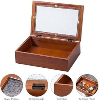 Useekoo Wooden Storage Box Container with Hinged Glass Lid & Front Clasp, 9.2”x4.7”x2.7” Vintage Wood Keepsake Boxes, Rustic Memory Gift Box for Jewelry, Wedding, Peals(Brown)
