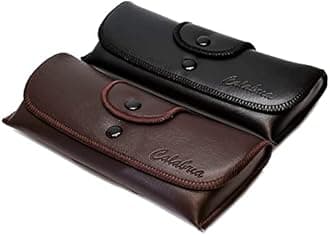 Calabria Double Snap Belt Loop Eyeglass Case PU Leather Black Brown 2Pack Vintage Eye Glasses Pouch SemiHard Sunglass Holder