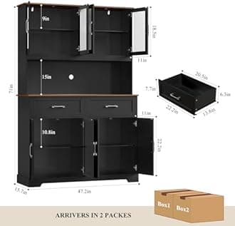 71" Tall Kitchen Pantry Cabinet, Kitchen Hutch with Microwave Stand, Glass Doors, Food Pantry Cabinet with Doors and Shelves for Dining Room, Black