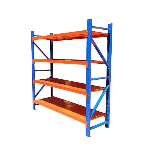 kitson 4 Layer Middle Duty Racking System Shelves With 300kg Loading Capacity Blue And Orange Powder coated Clip lock Without Screw System