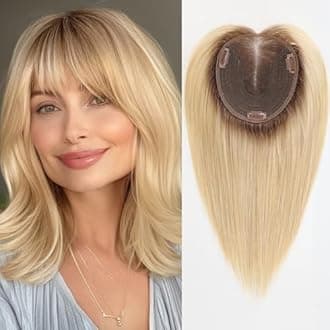 starluck 6x5 inch Large Swiss Base SilkHug 14 Inch Real Human Hair Toppers,60 Gram, 100% Real Human Hair Toppers for Women with thinning (Ombre Blonde, with Bangs)