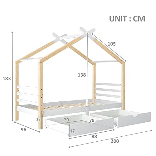 BTM Kids Toddler Beds with Storage Underneath - 3FT Single Bed with Solid Pine Wood House Tree Canopy for Girls and Boys