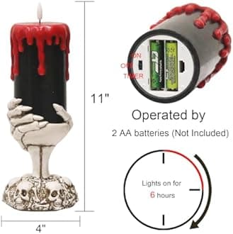 Lasumora Halloween Decorations Black Flameless Candles with 6H Timer, Battery Operated Candles with Skull Hand Candle Holder, Real Wax Dripping Halloween Candle Spooky Halloween Decor Indoor