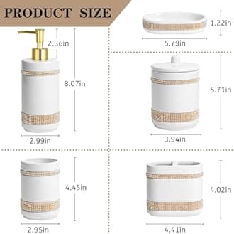 Bathroom Accessories Set with Diamonds 5 Pieces Toothbrush Holder Soap Dispenser Ceramic Bathroom Accessory Set Contain Cotton Swab Jar Toothbrush Cup Soap Dish Tumbler