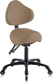 Pneumatic Swivel Rolling Saddle Chair with Wheels and Ergonomic Back Support for Hair Stylist, Dental Hygienist, Hygienic Clinic, Spa, Massage, Home, Office - 510 KOA (Tan, Standard)