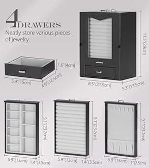 Homde Jewelry Organizer with Transparent Window Necklace Hooks Gift for Women Jewelry Box Display Case for Necklaces Rings Earrings Bracelets and Other Accessories (Black)