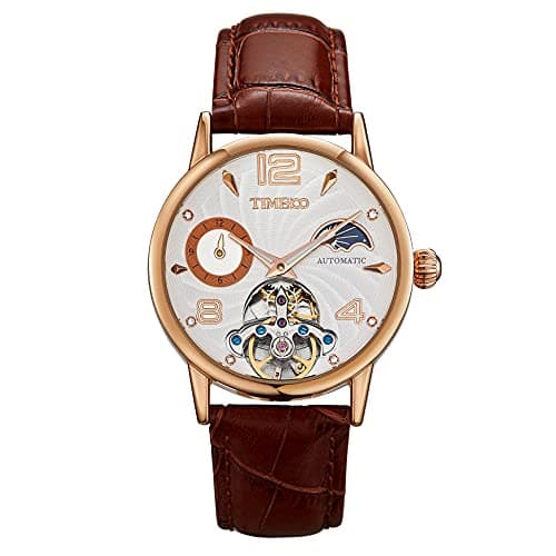 TIME100 Automatic Mechanical Watch for Men Sun Phase Skeleton Leather Strap