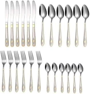 ANH MART Mirror Finish Silver Gold Plated Stainless Steel Flatware Set Copper Silverware Set Rose Gold Spoon Color Cutlery Set [Dinner Fork-Tea Spoon-Salad Spoon-Knife] Set of (Silver Gold, 24)
