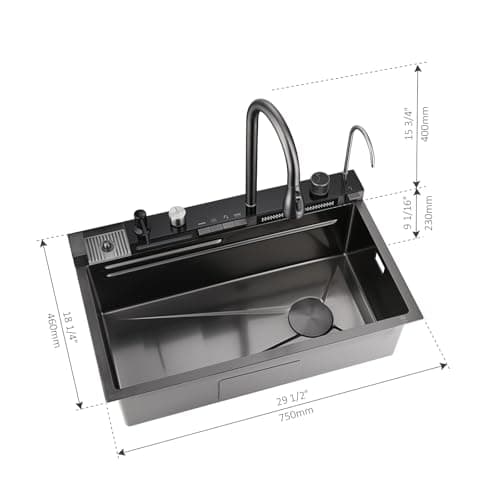 Lefton 29.5"x 18.25" 304 Stainless Steel Kitchen Workstation Sink with Pull-down Faucet, Waterfall & Rainfall Outlet, Temperature Display in Tempered Glass, Grey, KS2206