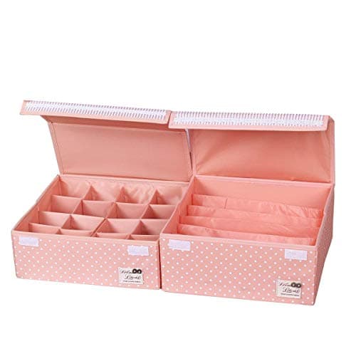 HOMESGU Foldable Washable Adjustable Storage Box Bra Underwear Socks Ties Closet Organizer Drawer Divider Kit with Dust-Proof lids 2 Pcs/Set (Set(Bra Box+16-Grid), Dot Pink)