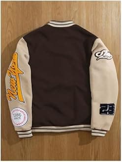 GORGLITTER Men's Letter Graphic Varsity Jacket Long Sleeve Striped Trim Button Bomber Jackets