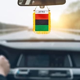 WXTWK 3 X 5 Inch Afro American Flag Pan-African Window Hanging Flag Small Mini Car Flags Banners Rearview Mirror Decoration With Suction Cup Golden Fringy Banner