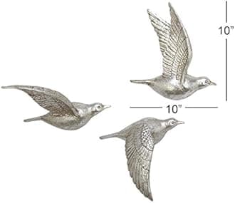 Deco 79 Polystone Bird Home Wall Decor Metallic 3D Sculpted Wall Sculpture, Set of 3 Wall Art 10", 9", 9"H, Silver