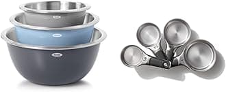OXO Good Grips 3-Piece Stainless Steel Mixing Bowl Set - Blue/Gray, 4.7L & Good Grips 4 Piece Stainless Steel Measuring Cups with Magnetic Snaps