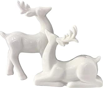 Porcelain Christmas Reindeer Figurines, Pack 2 Mini Animal Reindeer Decor Deer Statues Sculpture Tabletop Ornaments for Cabinet Mantel Shelves Fireplace Home Décor Accents Collectible Figurines