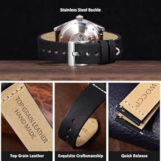 WOCCI 18mm Old-fashioned Watch Band for Men, Top Grain Leather, Silver Brushed Buckle (Black)