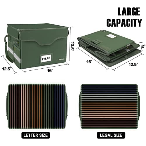 DocSafe Fireproof Document Box with Lock,File Storage Organizer with Mesh Pockets＆Lid,Collapsible Portable File Box Home Office Safe Filing Cabinet with Handle for Hanging Letter/Legal Folder,Green