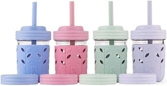Elk and Friends Kids & Toddler Cups | The Original Glass Mason Jars 8 oz with Silicone Sleeves & Silicone Straws with Stoppers | Smoothie Cups | Spill Proof Sippy Cups for Toddlers | 4 Pack