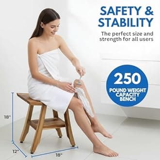 EcoDecors 18" Satori Teak Shower Bench –Compact Bath Seat, Natural Wood Finish Water-Resistant Spa Bench | Slatted Design & Adjustable Feet for Indoor Outdoor Use | Storage Shelf