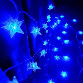 HUGSVIK 25Ft 50 LED Blue Star Lights for Bedroom,8 Modes Battery Operated Blue Christmas Lights, LED Star String Lights for Christmas Wedding Party Bedroom Kids Bed Canopy Camping Patio Umbrella