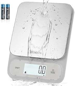 BOMATA Waterproof IPX6 Kitchen Scale, 0.1 g/0.01 oz High Precision, 5 kg/11 lbs, Digital Scale with Backlight, Stainless Steel Weighing Platform, for Food, Cooking, Weight Loss.. B619, White&Grey