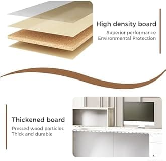 Modern L-Shaped Reception Desk with Hutch, Reception Counter Table, Lockable Drawer Door Cabinet, Office Wooden Computer Front Desk (Tung Color+White-Left Cabinet, 110L*24" W*41" H)