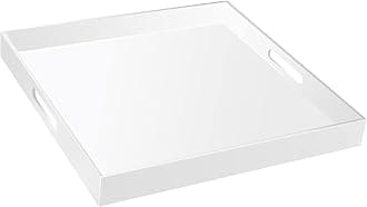19×19 Inches Glossy White Acrylic Serving Tray with Handles Extra Large Ottoman Tray Decorative Tray Spill-Proof Coffee Table Space Saver Oversize Counter top Organizer Platter with Safe Edge