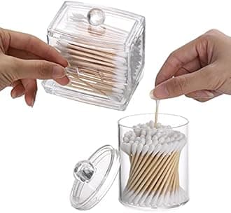 Tbestmax Plastic Qtips Holder Bathroom Container, 10/7 OZ Cotton Ball/Swabs Dispenser, Apothecary Jar Organizer for Storage 3 Pcs