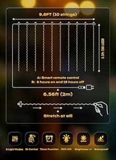 Brightown Curtain String Lights, Hanging Fairy Lights with Remote, 8 Modes, Waterproof Window Lights for Bedroom Backdrop Wedding Outdoor Christmas Party, White, 300LEDs