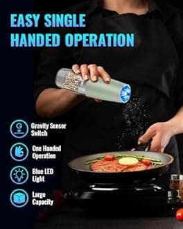 XinXu Gravity Automatic Electric Pepper and Salt Grinder, Auto Salt or Pepper Mill Shaker Stainless Steel,Blue LED Light,One Hand Operated, (Set/Light Green)
