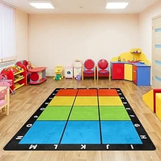 Classroom Carpets Playmat Rugs - 6x9 Ft Kids Rug with Rubber Backing, Colorful Squares with Letters Classroom Seating Rug Play Mat Nursery Rugs for Preschool Elementary Playroom -12 Seating