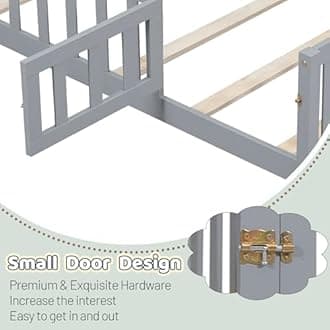 Full Size Floor Bed with Fence and Slats for Kids, Wooden Montessori Bed with Door and Safety Guardrails for Kids, Boys Girls, No Box Spring Needed, Grey