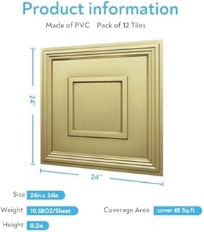 STICKGOO Glue Up Ceiling Tiles, 24x24 Inch PVC Decorative Drop Ceiling Tile Champaign Gold 48 Sq. Ft, Pack of 12 Tiles
