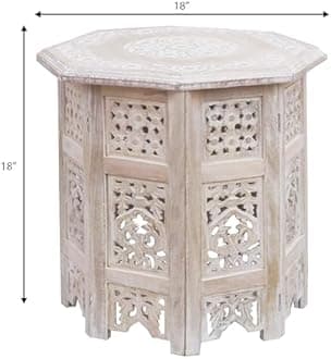 COTTON CRAFT Solid Wood End Table - Hand Carved Vintage Boho Folding Side Table - Small Spaces Entryway Accent Table - Farmhouse Living Room Bedside - No Tools Assembly - 18x18 Octagon - White Wash