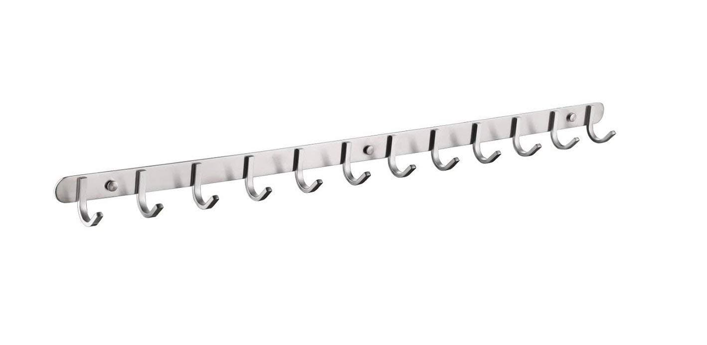 Modern Wall Mounted Coat Rack with 12 Square Hooks - Ultra durable with SOLID STEEL construction, Brushed stainless steel finish, Super easy installation, Rust and water proof. Modern but functional.