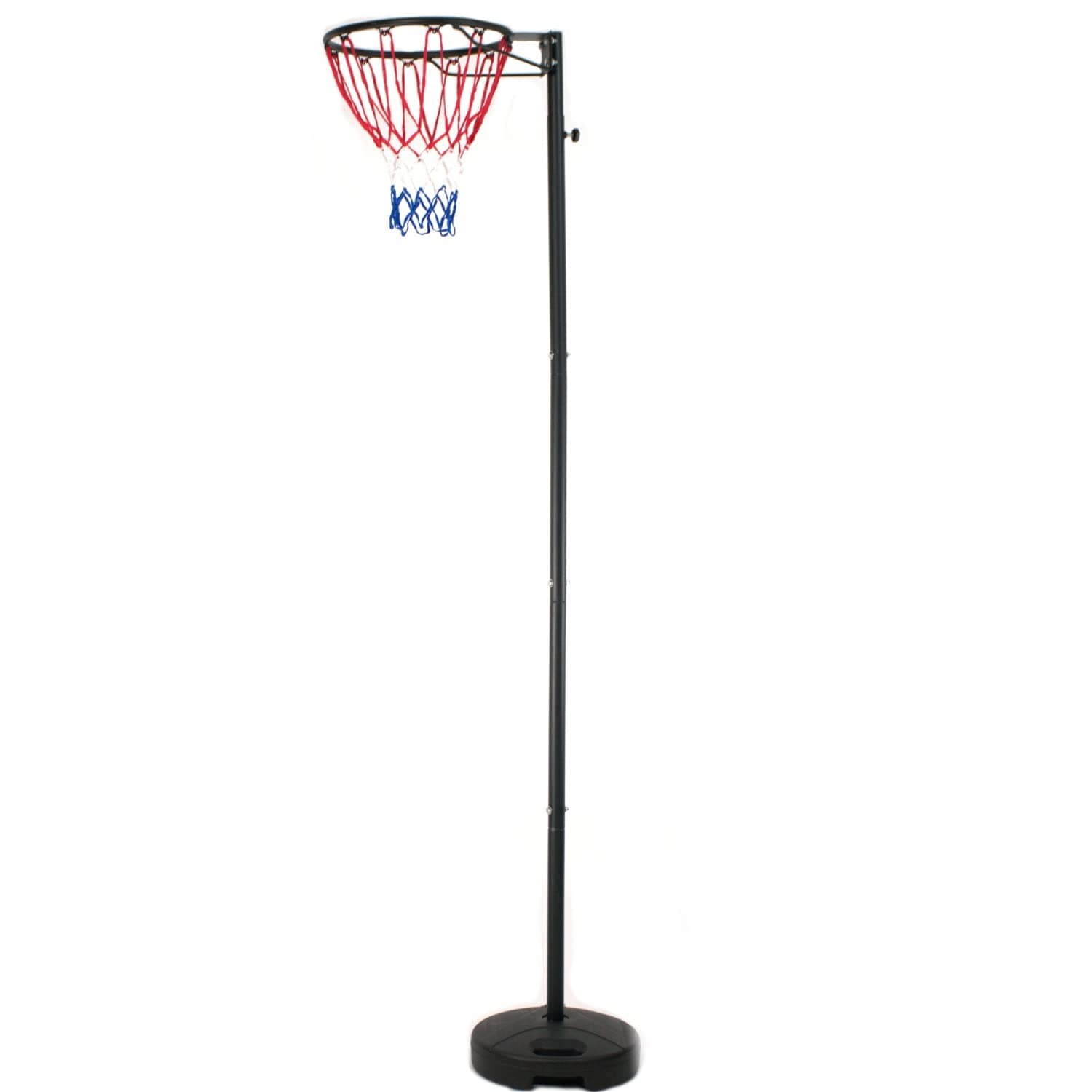 Bee-Ball Full Sized Netball Hoop and Netball Post. Adjustable from 2.75-3.05 Meters Regulation Height. Space Conserving Round Base. Frosted Black Finish